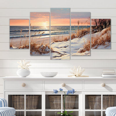 «Beach Winterscene Warm Pastel Sunset II» - reproduction sur toile de plage - 5 panneaux
