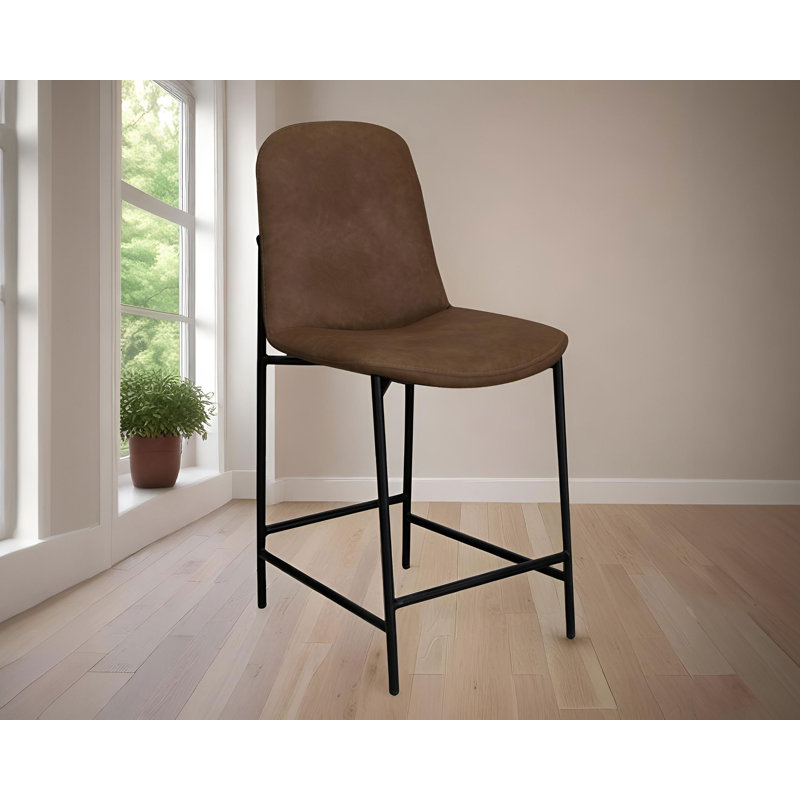 Chaise de bar Revee, fer noir, résistante à l'eau, Similicuir hickory, Tabouret de comptoir (siège d'une hauteur de 24 p