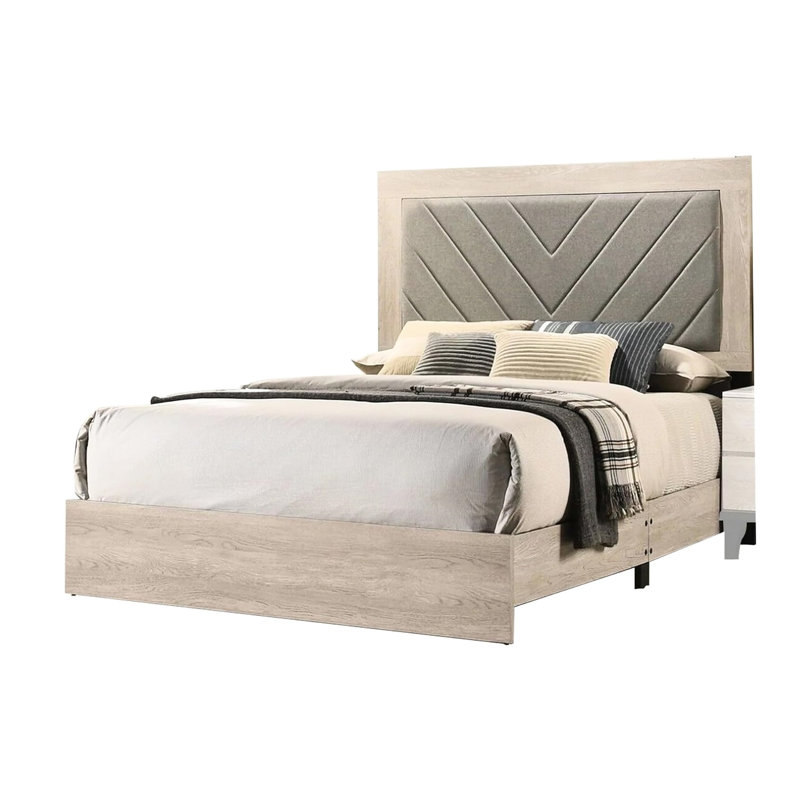 Lit contemporain - tête de lit tapissier et sommier tapissier requis, Crème/gris, Grand lit