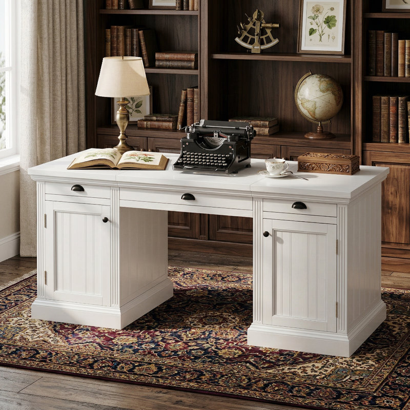 Bureau de direction 67 po moderne avec 2 portes en bois et 3 tiroirs, bureau d'ordinateur de bureau rectangulaire blanc