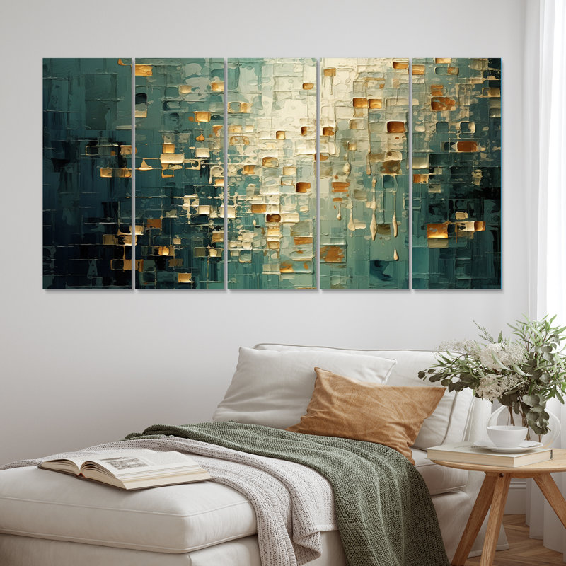 Ambitions de rêves rétro or et bleu sarcelle IV - reproduction d'art sur toile abstraite - 5 panneaux égaux