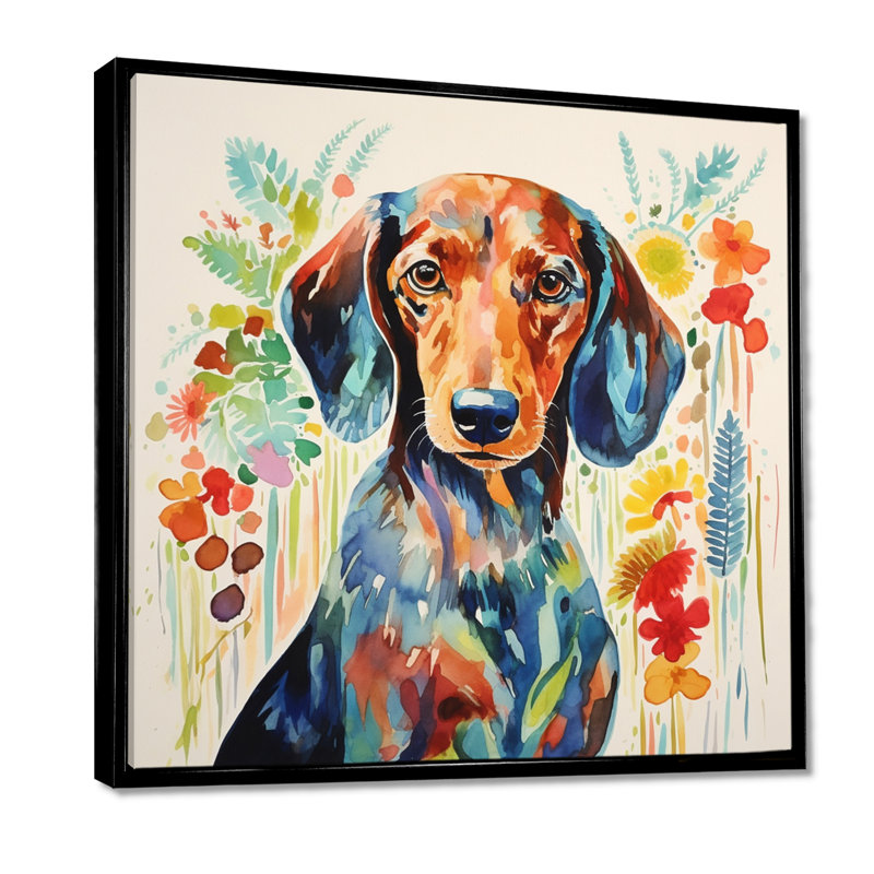 «Colorful Portrait of Endearing Dachshund - Dog Tachshund», art mural encadré, Toile avec cadre noir