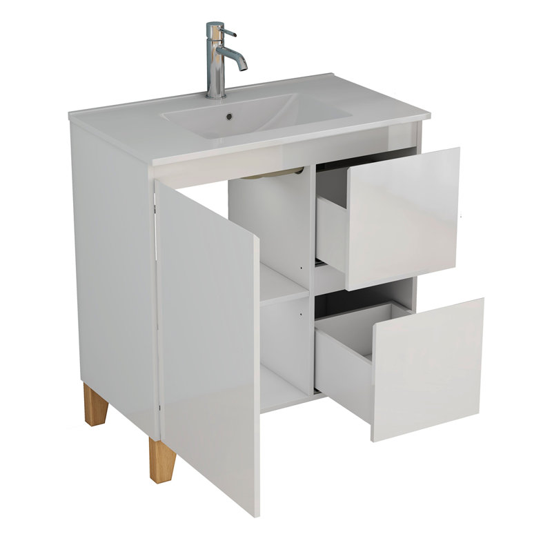 Ensemble de meuble-lavabo moderne 31,5 po avec lavabo, armoire avec 1 porte et 2 tiroirs, système de cloisonnement doux, conception sans poignée, pieds en bois massif naturel, facile à assembler, blanc brillant