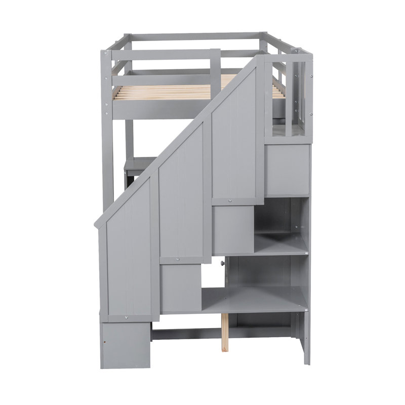 Lit mezzanine simple avec bureau en L et tiroirs, armoire et escalier de rangement, gris