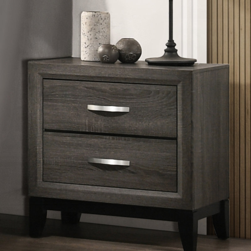 2 Weathered Grey Wooden Nightstand For Bedroom Ambiance With 2 Drawers & Simple Style
