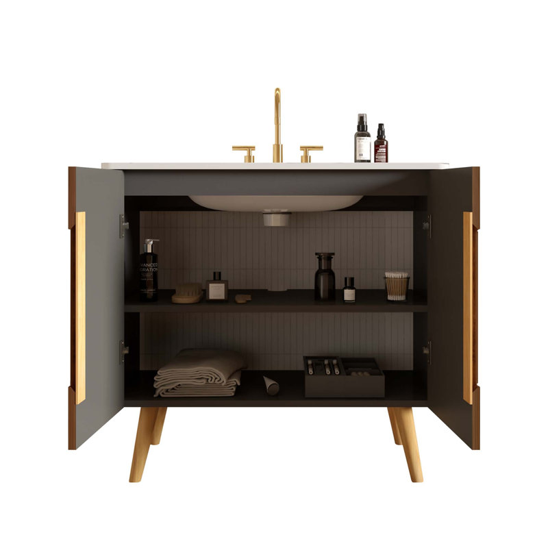 Meuble-lavabo sur pied moderne en noyer rayé avec lavabo en céramique blanche de Carrare