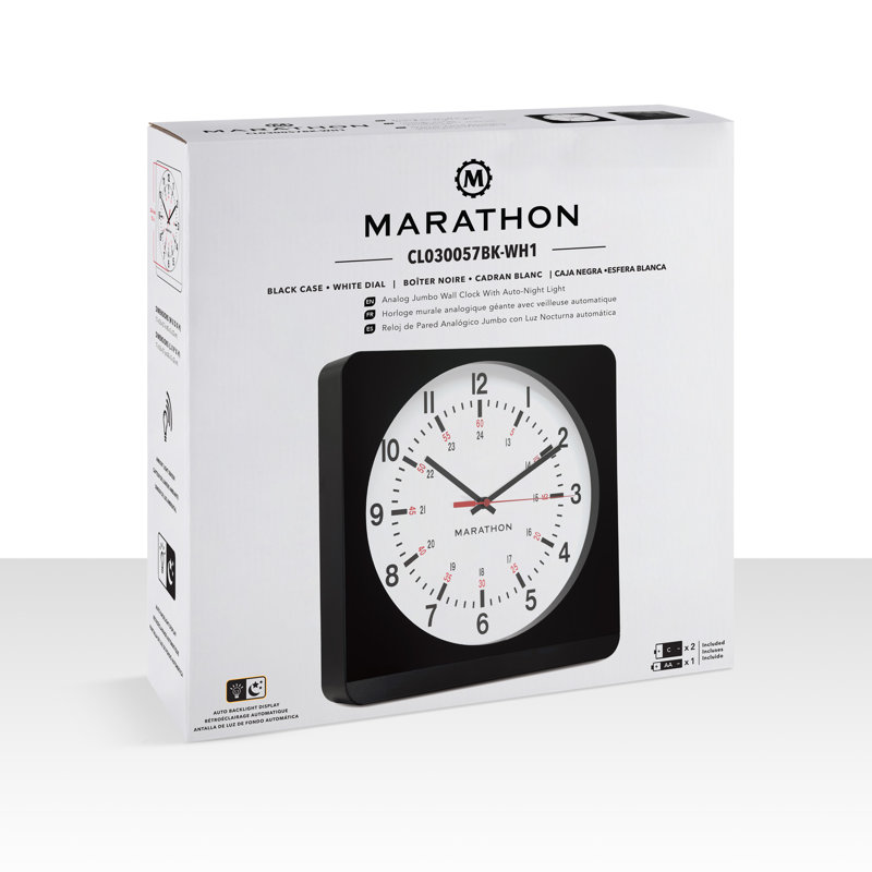 Marathon Black and White Analog Wall Clock with Auto Nightlight