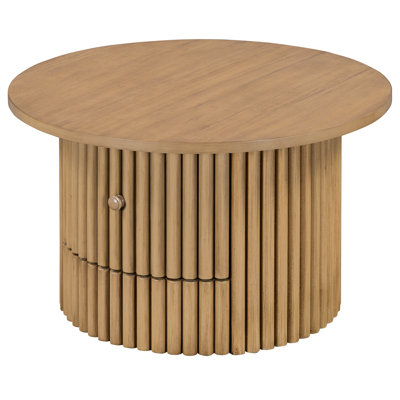 Round Coffee Workbench - With Drawer And Robust Vertical Slat Table Equipped With Design