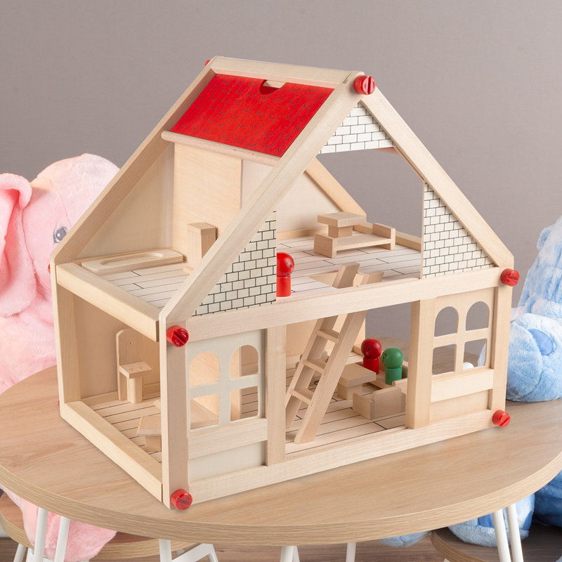 Maison de poupée pour enfants - Ensemble de jeu en bois 2 pièces avec accessoires de mobilier et poupées pour tout-petits, garçons et filles par Hey! Jouez!