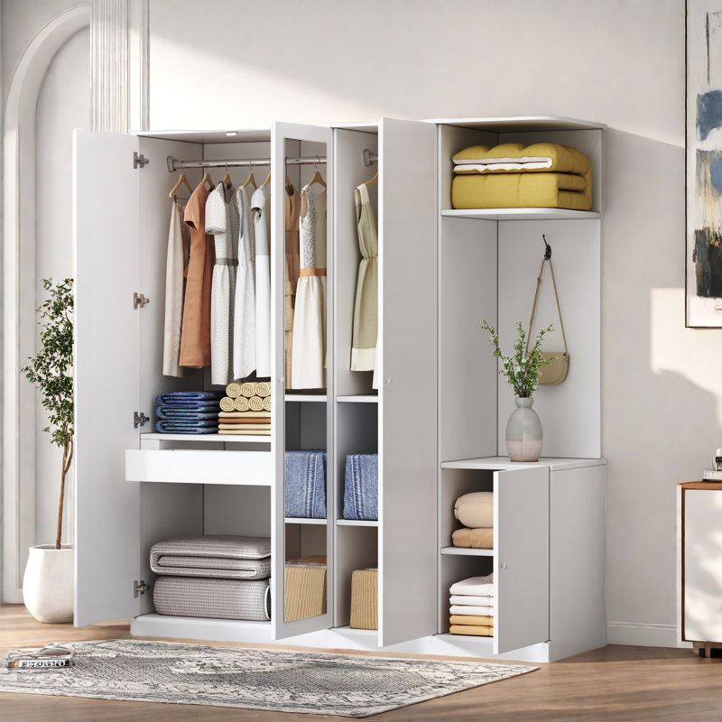 Armoire 4 portes avec rangement ouvert et miroir, Blanc