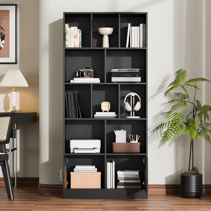 Achnas 70" H x 31" W Storage Bookcase with 10 Cubes and 2 Doors, Black