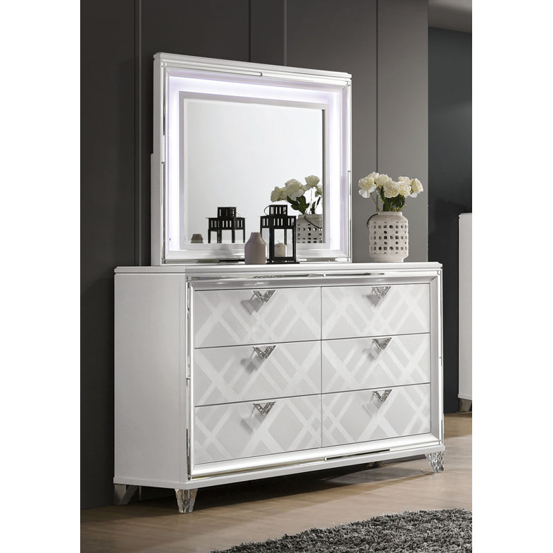 Commode double 6 tiroirs avec miroir Waldrup, Blanc