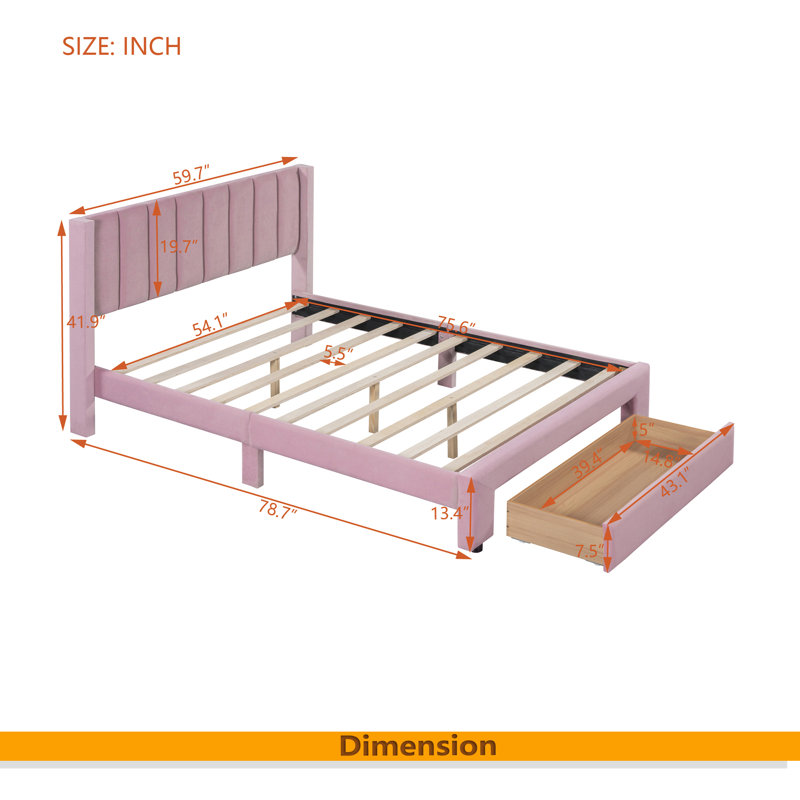 Lit plateforme double tapissier en velours avec grand tiroir