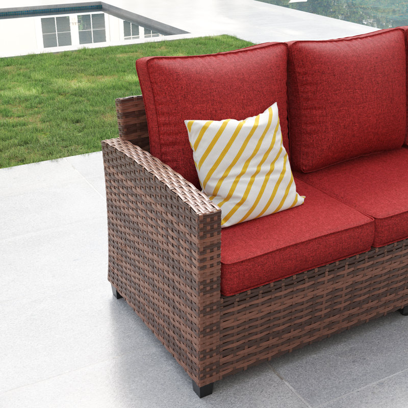 3-Person Patio Conversation Sofa, Red Cushion/Brown Frame