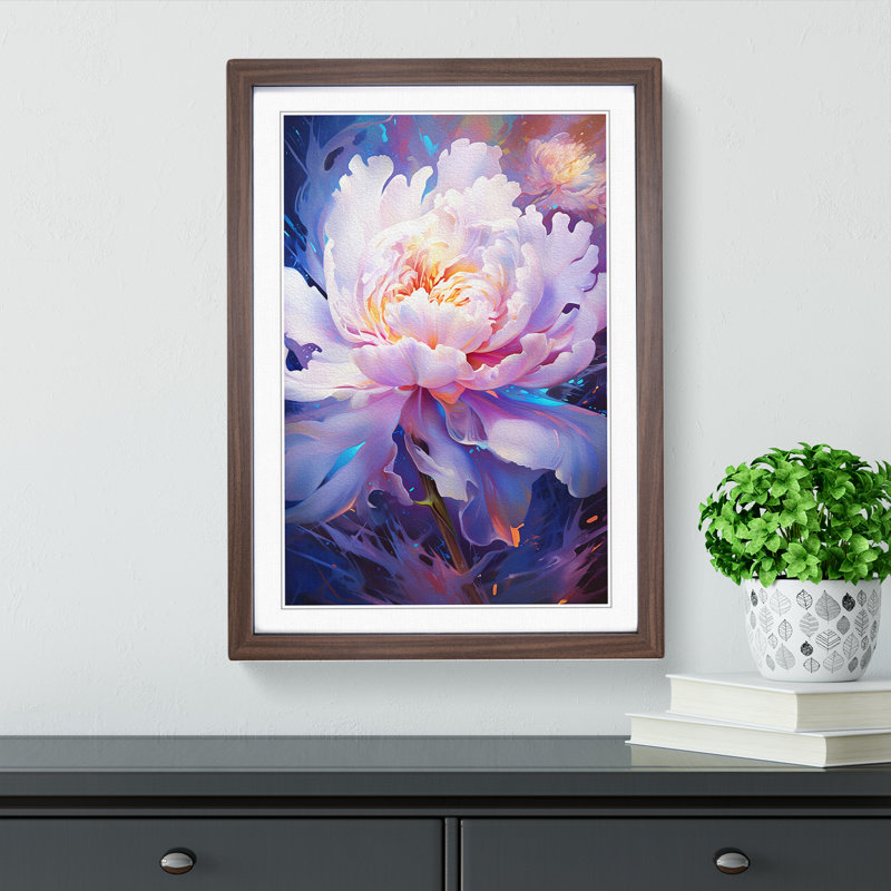 Peony Flower Futurism - Single Picture Frame Print on Wood, 64cm H x 46cm W x 2cm D, Walnut Framed