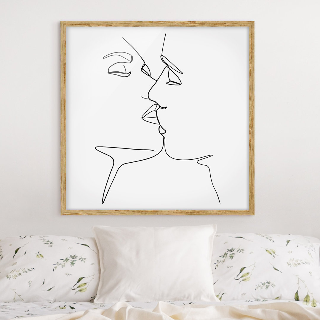 Gerahmter Kunstdruck Line Art Kiss Faces Black White