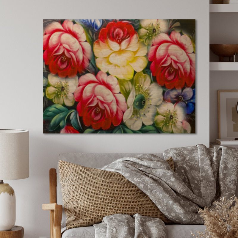 Nature morte rétro avec fleurs rouges et jaunes - impression traditionnelle, H 16 po x l 32 po x p 1 po, Toile tendue