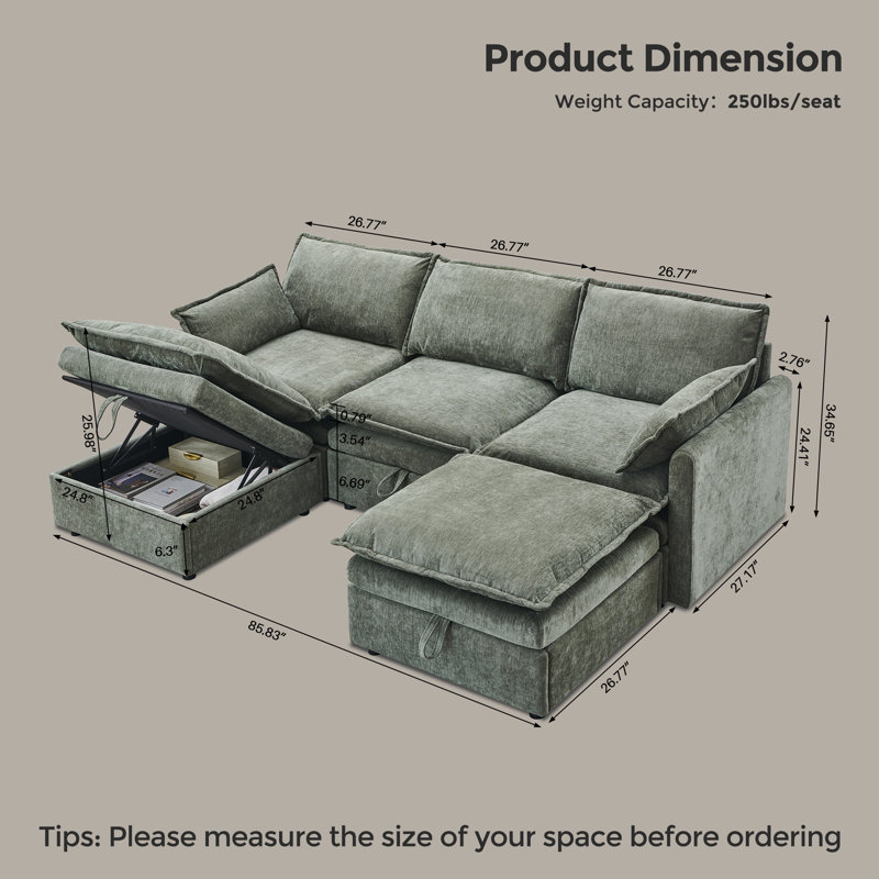  Canapé modulaire de 86 po avec grand espace de rangement, canapé modulaire en U en chenille avec repose-pieds, avec coussins de siège profonds et coussins décoratifs