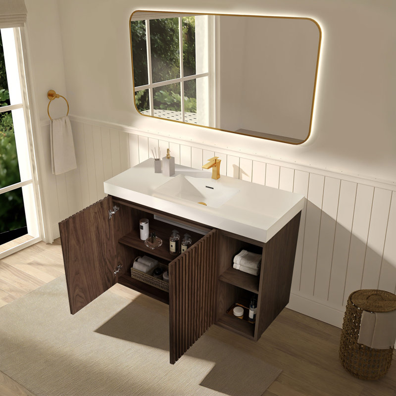 48" Single Bathroom Vanity with Solid Surface Top, 48", White/Brown, Single-Hole