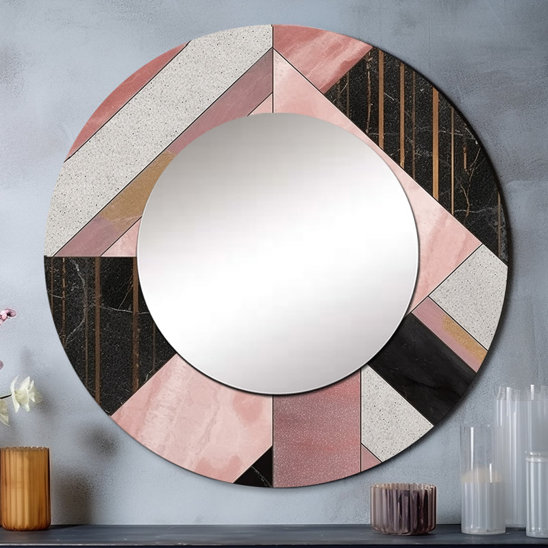 Marble Granite Agate With Touches Of Gold XI - Geometric Unique Wall Mirror Decor, Pink Large Round Mirror, Printed Metal Art