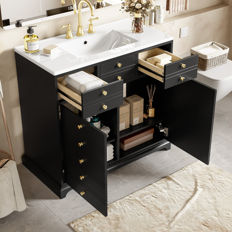 Armoire de rangement de salle de bain 36 po avec lavabo en céramique - bois massif, 2 tiroirs
