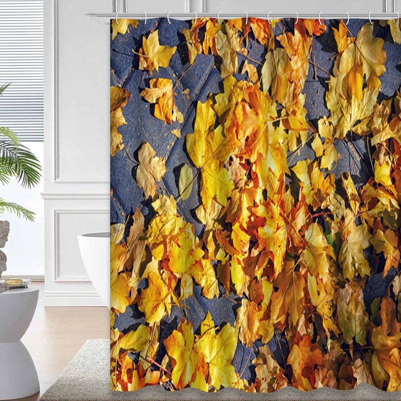 Magnifique rideau de douche abstrait doré doré à motif de feuilles d'automne avec 12 crochets, L 72 po x l 84 po