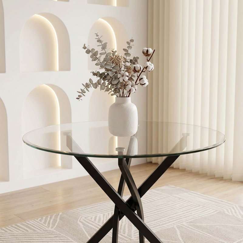 Lakeicha Round 36'' Glass Top Metal Base Dining Table, Black