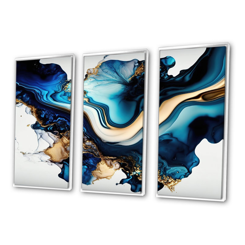 «Abstract Marble Geode Blue II», reproduction sur toile 3 pièces, H 28 po x l 36 po x P 1 po, Cadre flottant blanc
