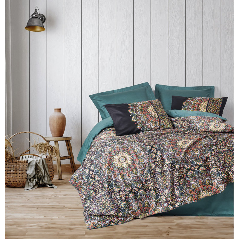 Premium Satin Quilt Cover Set, Petrol Color, 78.7 x 78.7 inches | 100% Cotton Satin, 210 Thread Count | Includes 2 Pillowcases (31.5 x 31.5 inches) | Reactive Printing, Machine Washable, Stylish & Comfortable Bedding
