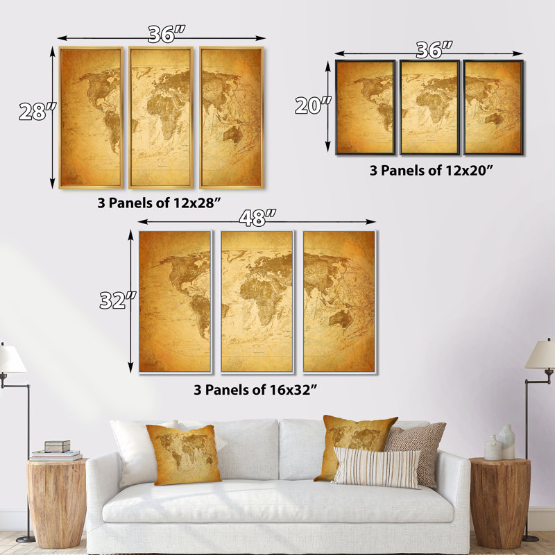 Ancienne carte du monde X - reproduction de cadre flottant 3 pièces sur toile, Blanc, H 32 po x l 48 po