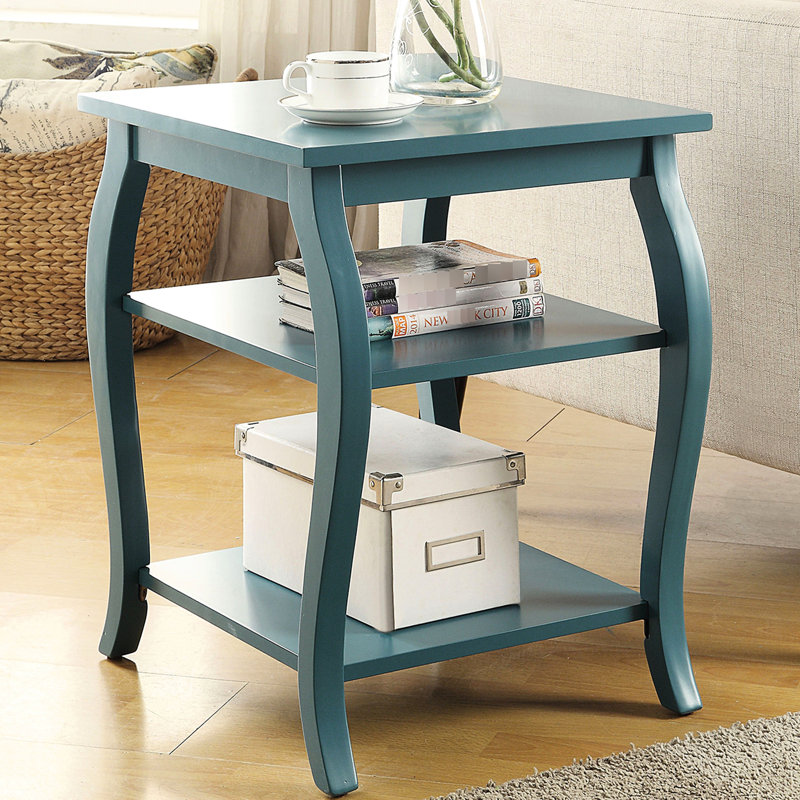 Table d'appoint carrée bleu sarcelle avec 2 étagères, pieds en bois, rangement ouvert, 45,7 cm de large, 58,4 cm de hauteur, poids des étagères : 7,7 kg, matériau : [à compléter], dimensions : 45,7 x 45,7 x 58,4 cm