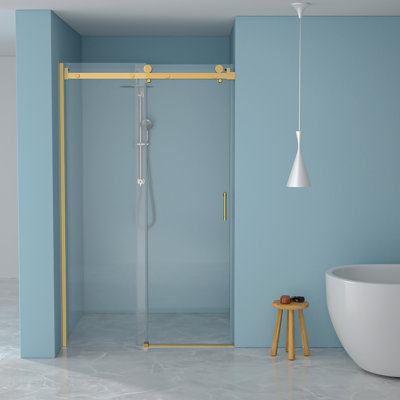 Porte de douche coulissante simple l 48 po x H 76 po - Verre trempé de 8 mm avec cadre en acier inoxydable 304, doré