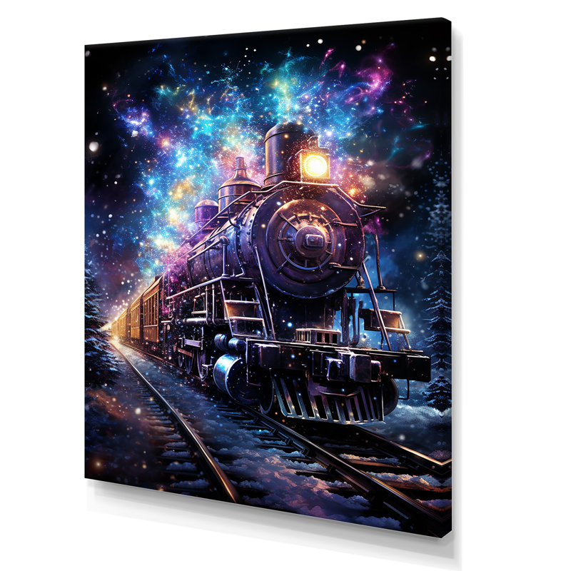 Voyage en train mauve au clair de lune - train, art mural, H 44 po x l 34 po x P 1,5 po, Toile tendue