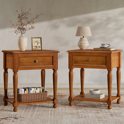 23.6"H Traditional Wood Nightstand with Drawer & Shelf, Turned Legs, Brown