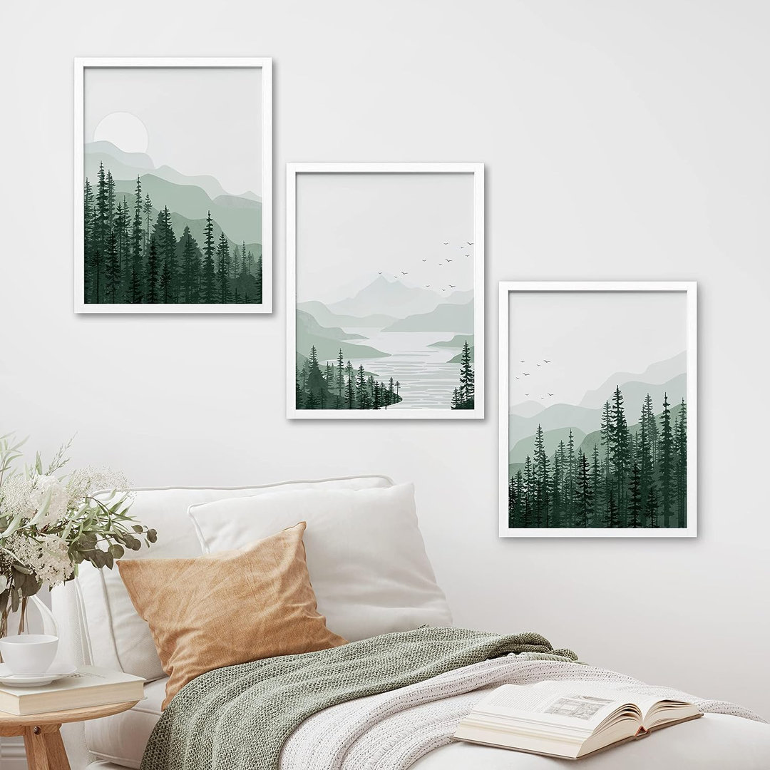 Woodland Forest Landscape " IDEA4WALL Frame Sage Green Mountain Range Pine Tree Forest Wall Art, Set Of 3 Nature Wilderness Illustrations Wall Decor Prints Minimalist Wall Décor For Living Room, Bedroom " 3 - Pieces IDEA4WALL Frame 