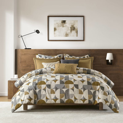 Édredon 8 pièces grand or avec motif Mid-Century élégant, motif géométrique, coussins décoratifs en velours et housse amovible toutes saisons