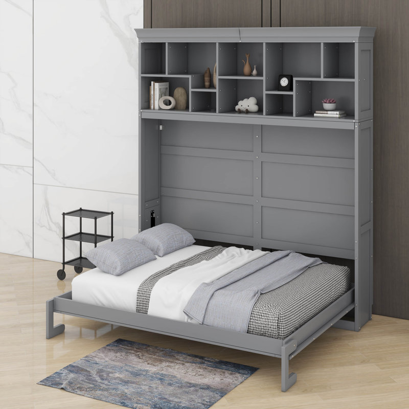 Grand lit escamotable avec tablettes supérieures et port USB