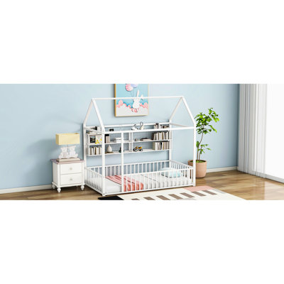 White Twin Size Metal Bed With House Design Shelf Feature And Fencing System - Elevate Your Bedroom Decor Decorative Shelving Enhance Aesthetics
