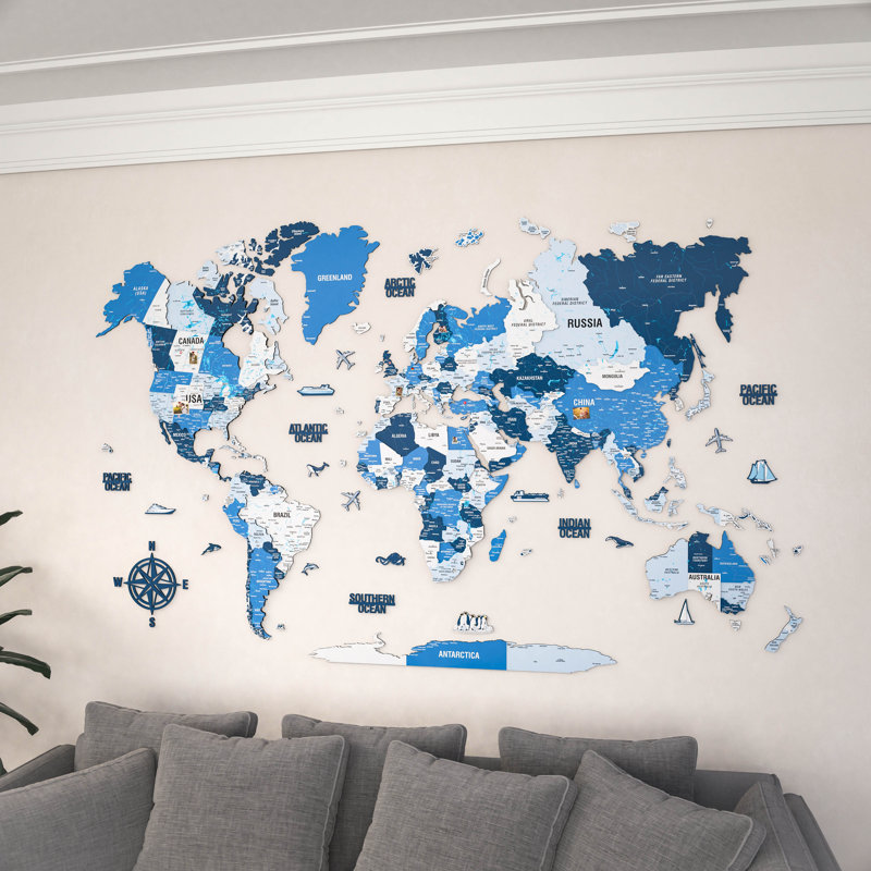 3D Wooden World Map – Multicolor UV Printed Wall Art, Modern Home & Office Decor, Navy, 49.2" H x 70.9" W x 0.4" D