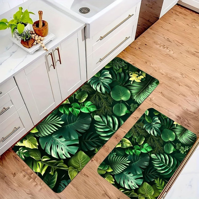 Ensemble de 2 tapis de cuisine à feuilles tropicales, Jungle Botanical Home Decor for Kitchen & Bathroom, Green White