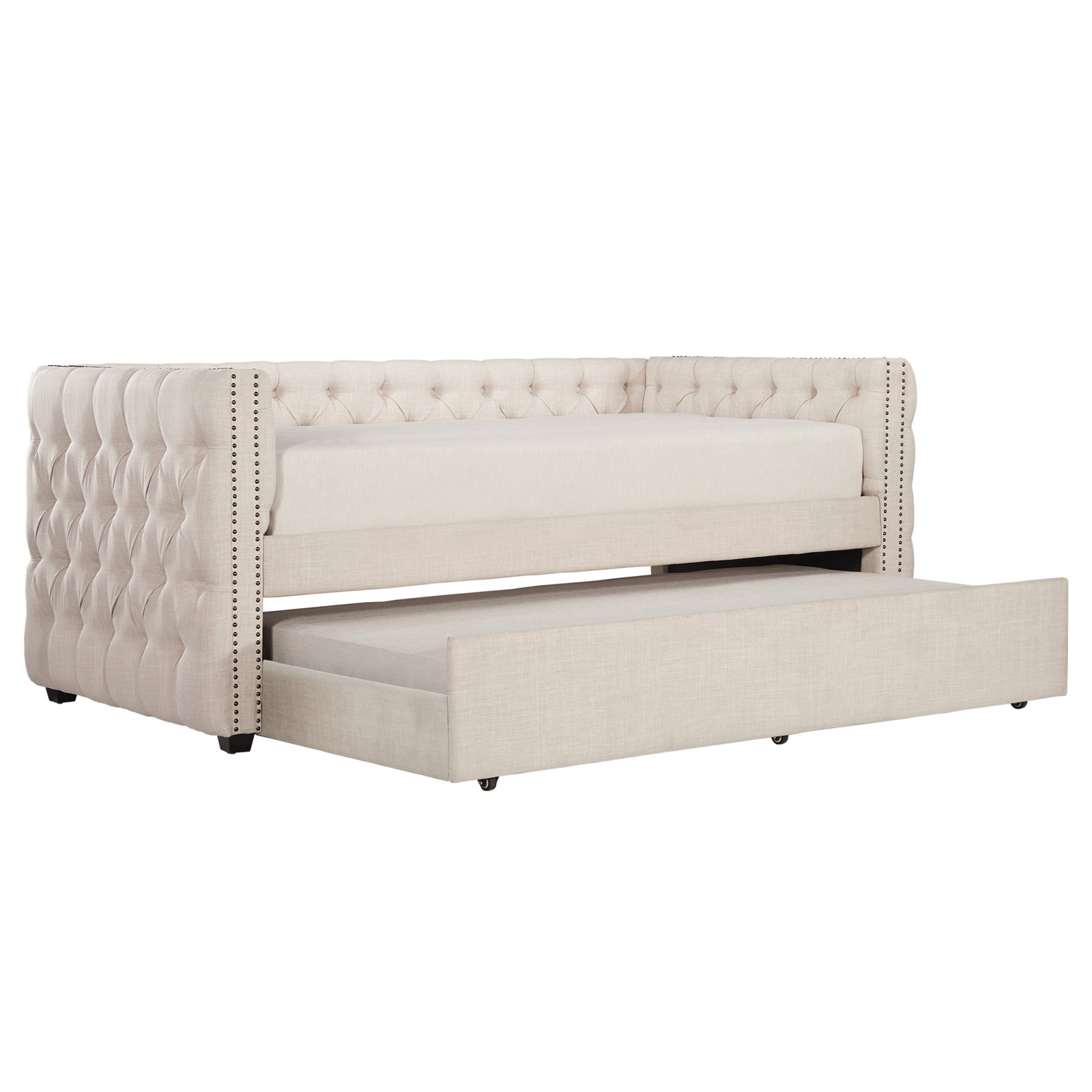 Upholstered Daybed with Trundle, Beige, Twin