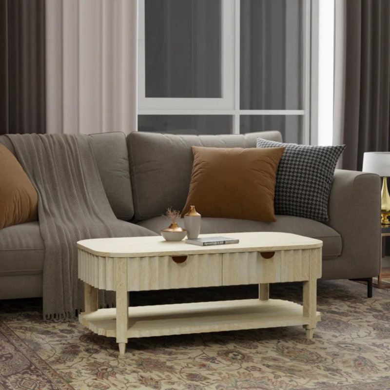 Table basse moderne en bois massif avec tiroirs cachés et tablette de rangement - Finition blanchie, conception cannelée, table basse de salon