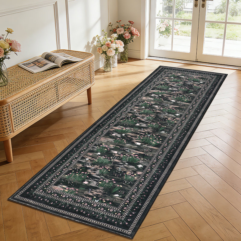 Washable Rug for Living Room, Soft Non Slip Floral Bedroom Rugs, Water Lily Pond Cute Nursery Rug, Large Low Pile Stain Resistant Farmhouse Rugs