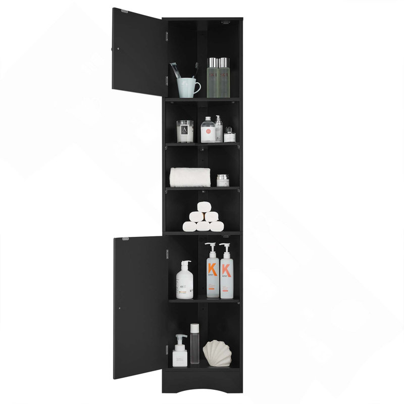 Multi-Functional Triangle Corner Tall Bathroom Storage Cabinet With 2 Doors, Adjustable Shelves & Open Shelf, Black