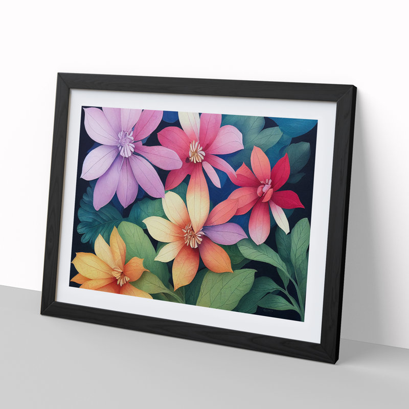 XH1022-7091X Positive Watercolour Flowers - Single Picture Frame Painting, 46cm H x 64cm W x 2cm D, Black Framed