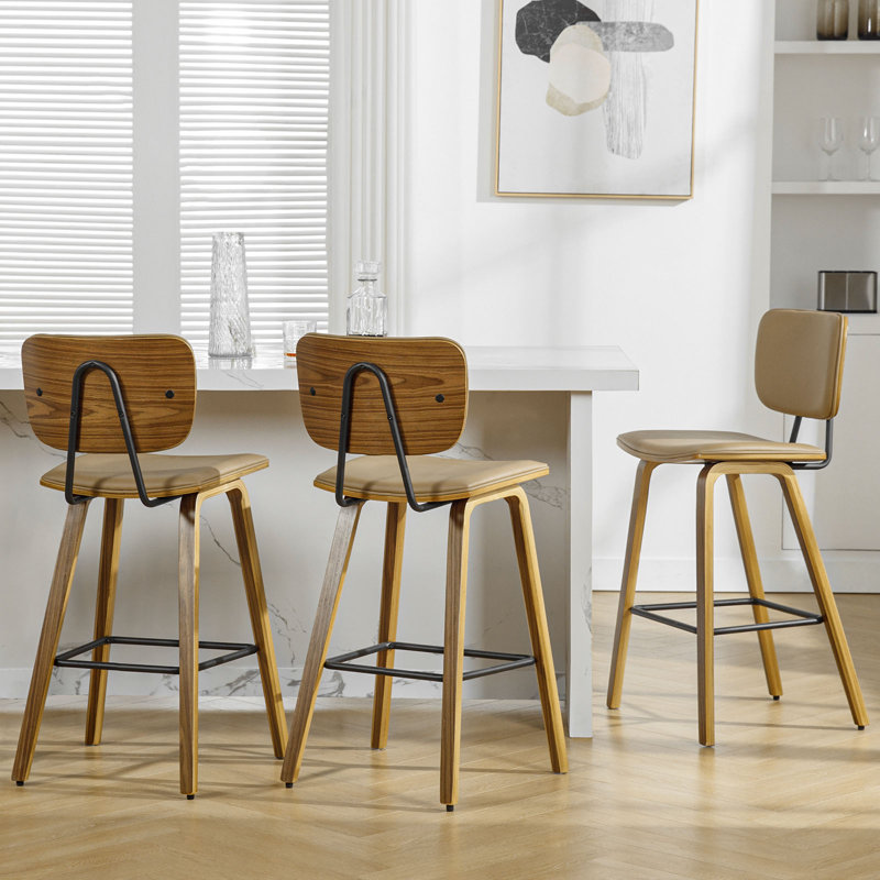 Brown PU Leather Upholstered Counter Stools with Bent Wood Legs, Set of 2