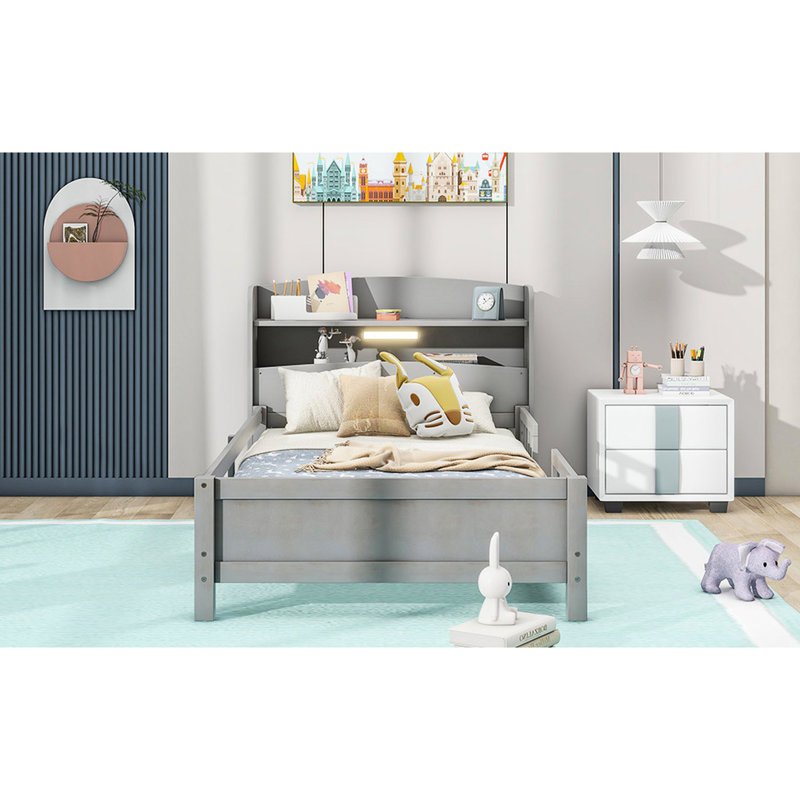 Lit plateforme gris antique en bois avec rangement à DEL, tête de lit et garde-corps intégrés, Gris, Lit simple