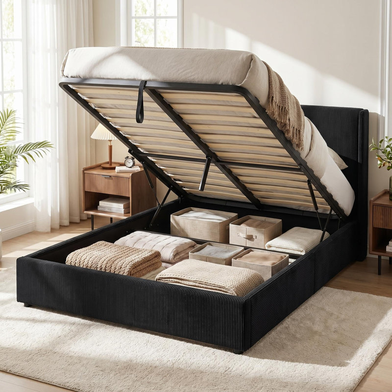 Structure de lit avec rangement Lift Up, lit plateforme tapissier en velours côtelé avec vérin à gaz, Queen, Black
