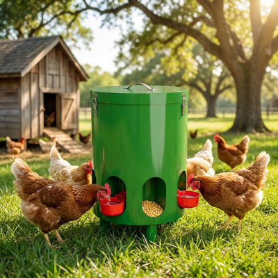 2 in 1 Metal Chicken Feeder and Waterer, Gravity Automatic Poultry Dispenser, Heavy Duty Galvanized Steel Barrel with 4 Support Legs, Weatherproof Green Coated Chicken Water Feed Bucket for Chicken, Duck, Quail Indoor & Outdoor Use