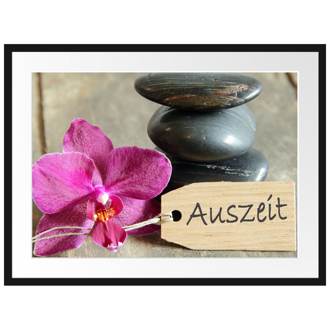 Gerahmtes Poster Auszeit Orchidee mit Zen Steinen